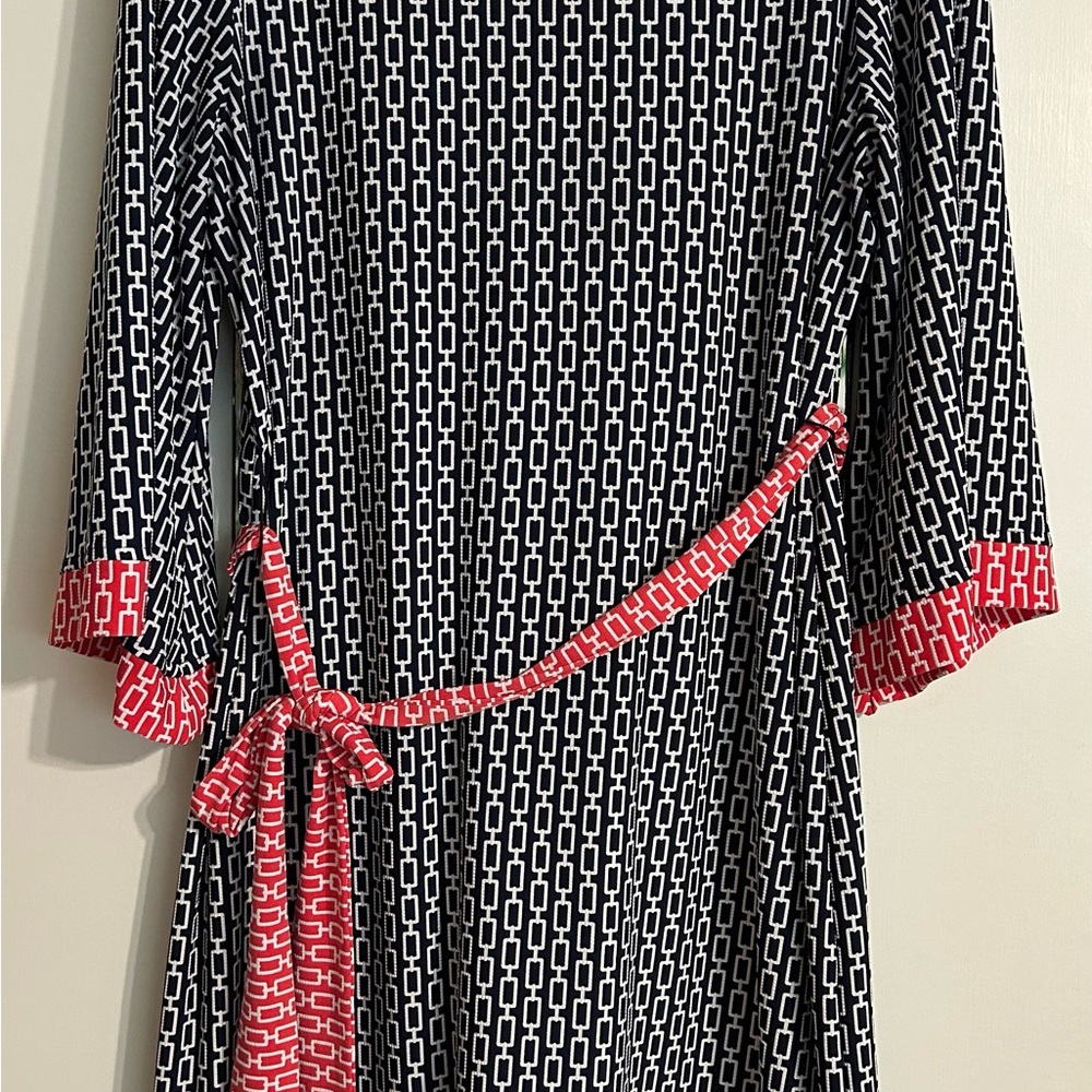 Studio One Blue and White Geometric Dress with Pink Accents